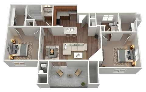 3D rendering of a 2 bed 2 bath apartment